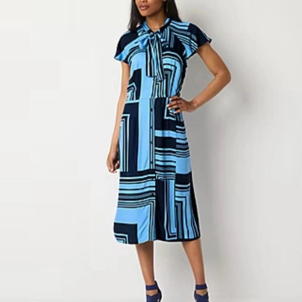 NEW Liz Claiborne Short Sleeve‎ Geometric MIdi A- Line Dress Blue
